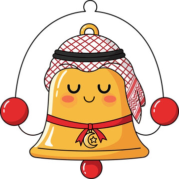 Golden bell character wearing a traditional red and white keffiyeh