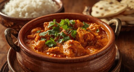 Traditional Indian butter chicken served in a rustic balti dish with rich creamy sauce