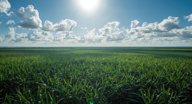 Airborne view showing expansive sugarcane plantation with abundant sunshine and scattered clouds