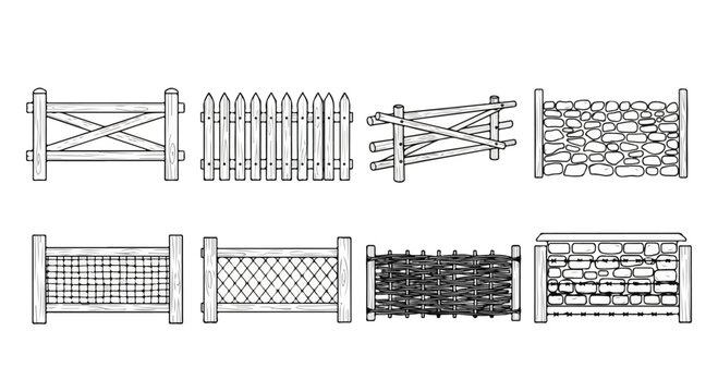 A collection of various types of fences and gates with detailed designs Vector