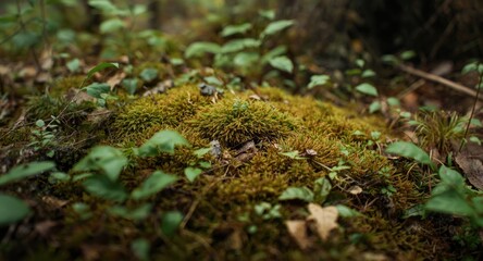 Moss-laden woodland dense with various thick leafy plants