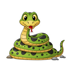 Cartoon green snake coiled on rocks with spots isolated on a transparent background