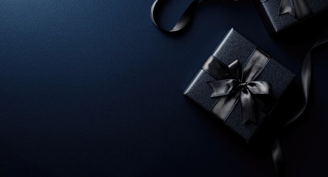 Promotional banner for him showing two luxury monochrome gift boxes with bows on dark blue