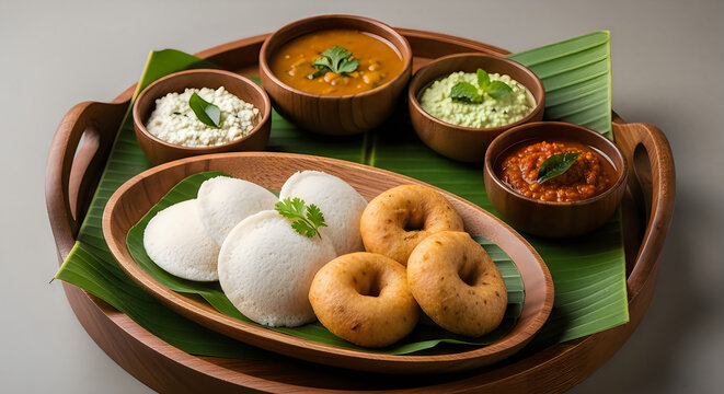 Traditional south indian breakfast idli and vada served with chutneys
