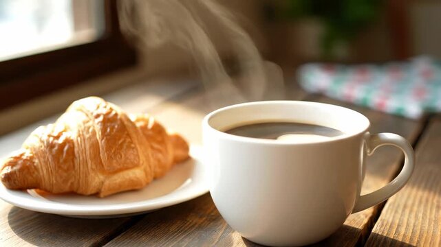 A croissant next to a cup of coffee steaming on a wooden table