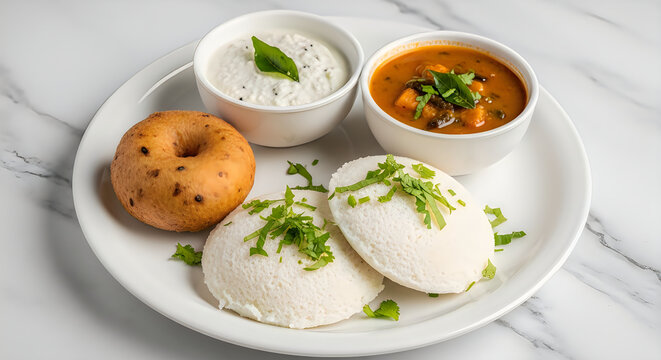 Traditional indian idli breakfast plate with sambar and chutney