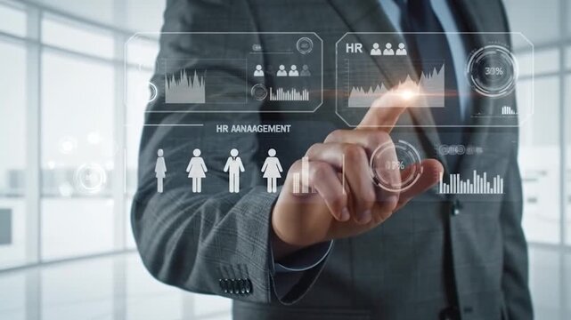 Tech-Savvy Executive: An astute business professional interacts with an advanced, transparent interface, embodying progress in a modern business landscape.