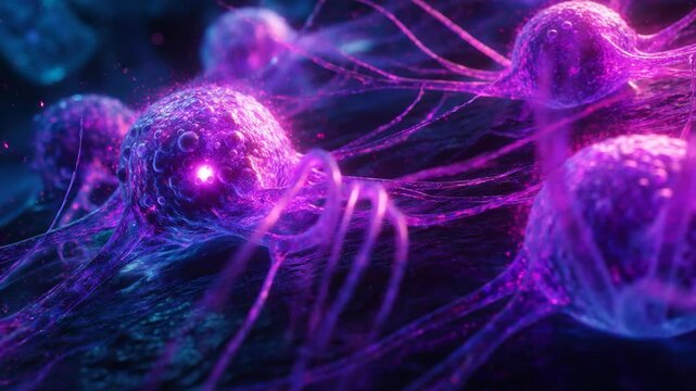 Microscopic animation of glowing purple cancer cells or neurons with spreading tentacles in a dark organic environment.