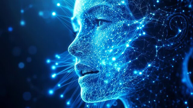 Close-up of a digital speaking female face made of glowing blue neural networks and connecting lines.