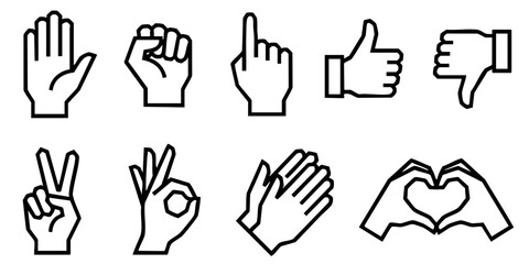 Fototapeta premium Various hand gestures and signs illustrated in a simple line art style against a plain white background