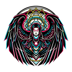 Mystical Winged Guardian Warrior Illustration with Cyberpunk Glitch Style and Geometric Halo
