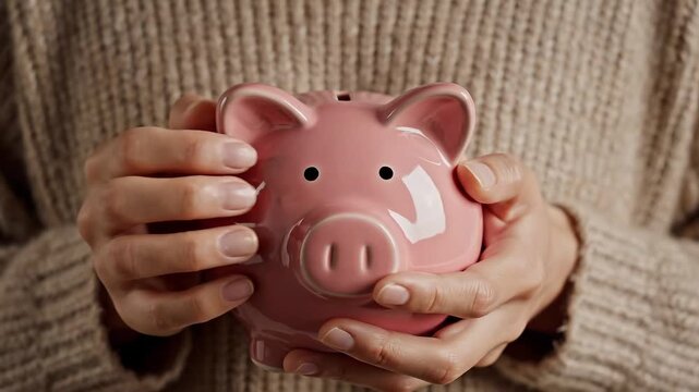 psychology of money concept. Person holding a pink ceramic piggy bank against a knitted sweater background