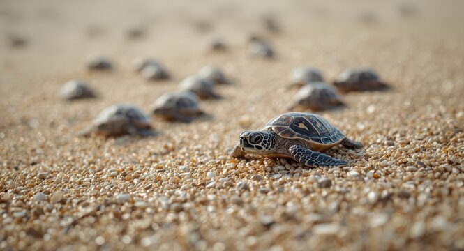 Selective focus close shot of baby loggerhead turtles on coastal sand with copy space