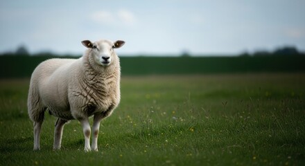 Curious White Sheep Standing in a Green Pasture on a Cloudy Day