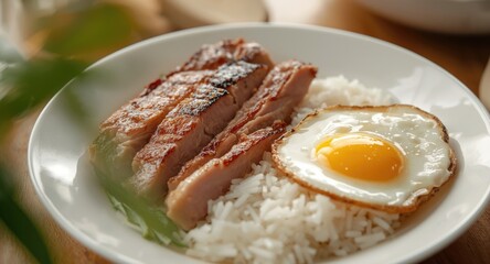 Vietnamese cuisine with grilled pork chop, broken rice and a sunny fried egg