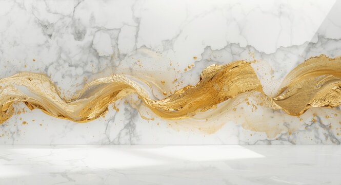 Chic abstract portrayal combining bright gold hues on an immaculate white marble field with gentle textural nuances and delicate lighting effects