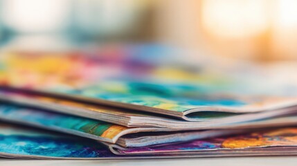 Colorful art magazines stacked on a table during the morning light