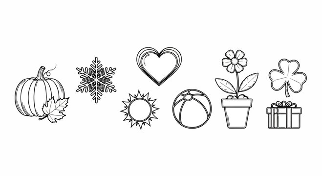 Assorted black and white line drawings of various objects and symbols Vector