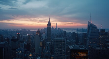 Obraz premium Skyline featuring high rises under a soft fading sunset light