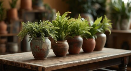 Fototapeta premium Rustic table exhibiting handcrafted ceramic planters filled with lively green foliage