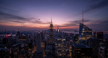 Skyline view at twilight featuring copy space for text