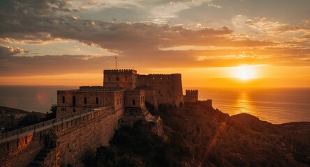 Obraz premium Fortress framed by breathtaking golden sunset and peaceful horizon