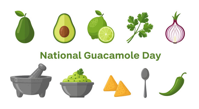 Flat icons illustrating whole and cut avocados limes cilantro onion molcajete guacamole chips spoon and chili pepper