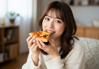 自宅でリラックスしながら焼きたてのピザを頬張り微笑む女性