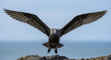 Obraz premium Majestic Brown Skua Ascending Skyward with Wingspan, a Bird in Flight, Over Blue Ocean