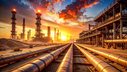 Industrial plant with smokestacks, pipelines at sunset