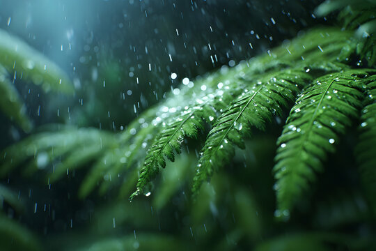 Macro shot of lush green fern leaves in a tropical forest during heavy rainfall, featuring fresh raindrops and moody cinematic lighting for a serene nature background.