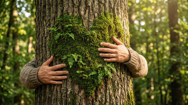 Man hugging a tree with a heart shaped moss growth in a sunlit green forest representing love for nature and environmental protection
