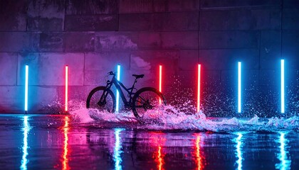 Bike splashing through water lit by neon beams in a city setting