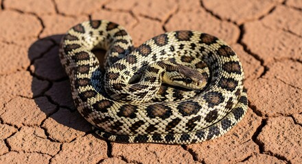 Naklejka premium Snake Coiled on Dry Ground with Cracks Under Direct Sunlight Showing its Beautiful Scales
