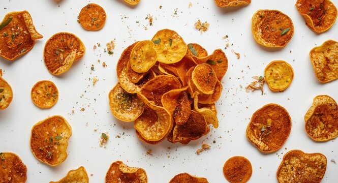 Herb and masala infused banana chips with spicy and salty taste displayed on white background focusing on texture and seasoning variety