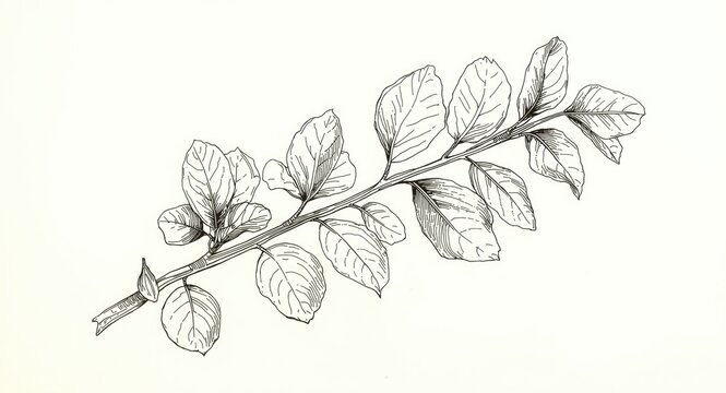 Old style botanical line drawing of Common Buckthorn tree featuring oval and obovate leaves