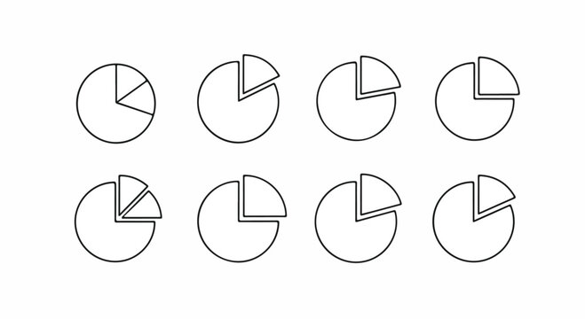 Eight pie charts with varying slices representing different data portions. Vector