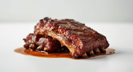 Tender slow cooked beef ribs served on a plain white backdrop
