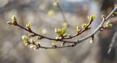 Springtime macro photography focusing on tree branches with tender buds
