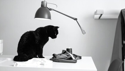 Black cat under desk lamp, examining objects on clean, white surface