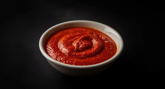 Chili pepper adjika harissa sauce in bowl with dramatic dark background