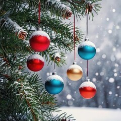 christmas tree decorations, Colorful baubles hanging on snowy pine branch, natural winter daylight, soft snowfall effect
