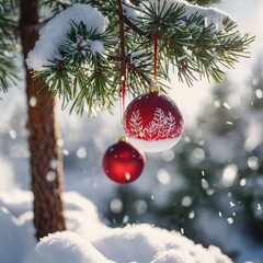 christmas tree decoration, Colorful baubles hanging on snowy pine branch, natural winter daylight, soft snowfall effect