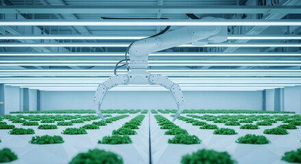 Fototapeta premium Robotic Arm Tending to Green Plants in a Futuristic Indoor Farming Environment