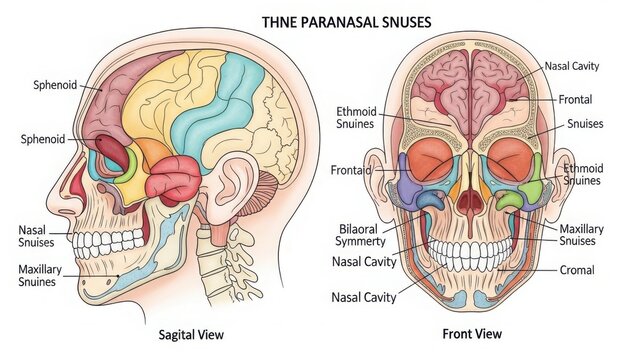 Anatomical illustration of paranasal sinuses in sagittal and frontal views