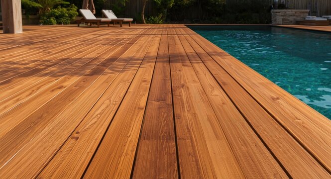 Sunlit Ipe hardwood swimming pool deck design with ample copy space for text