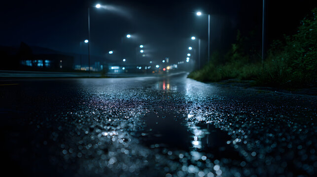 Wet asphalt road at night with bright street light reflections on puddles and bokeh background in a dark cinematic atmosphere.