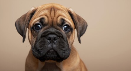 Obraz premium tight portrait of lively bullmastiff puppy focusing on camera gaze