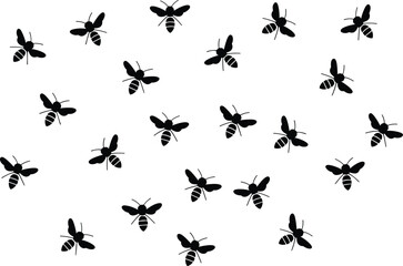 Bee swarm silhouette pattern illustration, flying honey bees collection, nature insect background, pollination concept, black vector, minimal design, isolated graphic © Sarjina's World