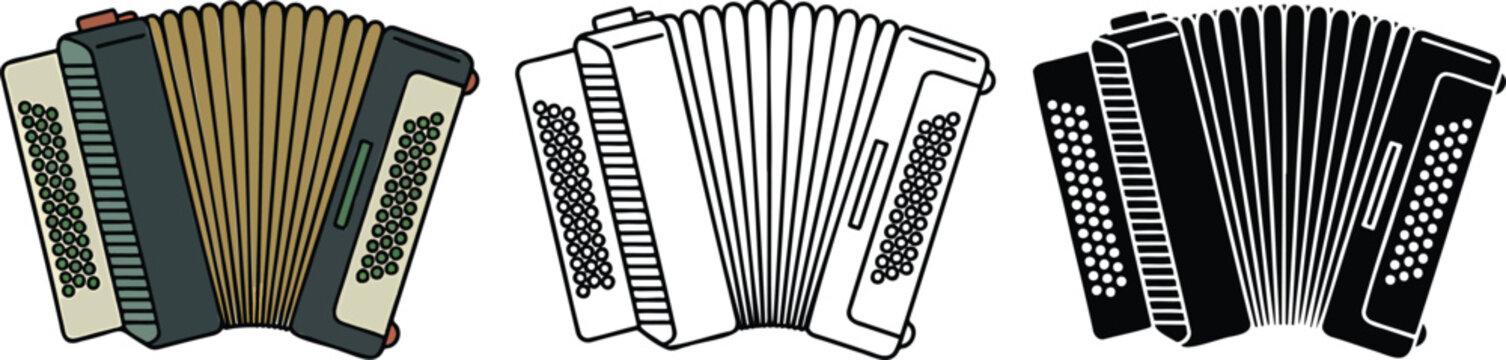 Accordion silhouette & Outline and illustration set isolated on transparent background